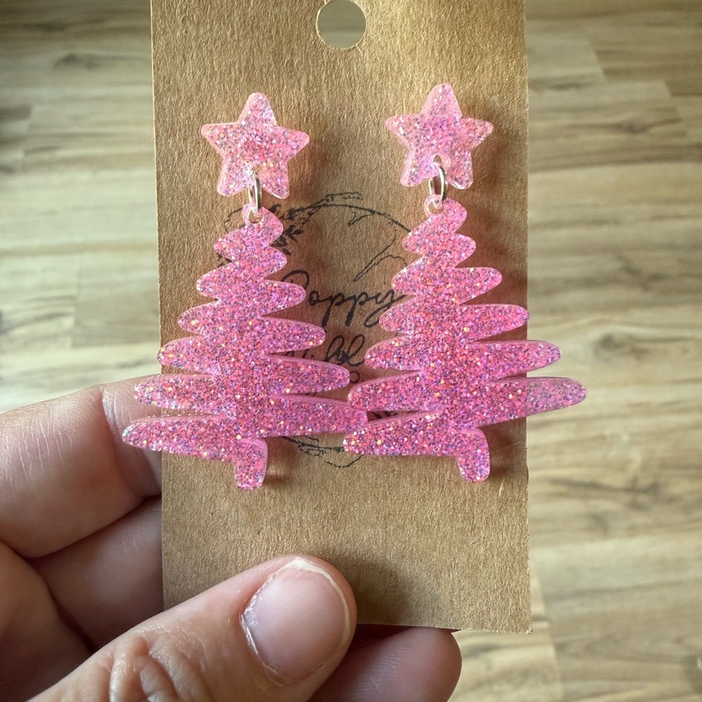Pink glitter Christmas Tree Earrings (NEW) - Picture 3 of 4